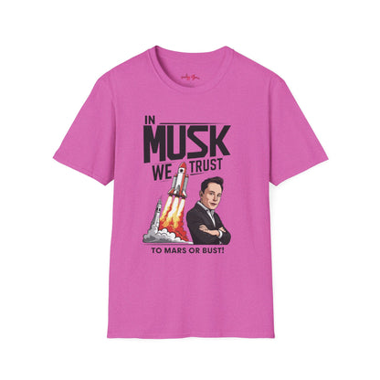 In Musk We Trust Graphic Funny T-Shirt – Unisex Softstyle Tee for Space & Tech Enthusiasts