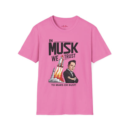 In Musk We Trust Graphic Funny T-Shirt – Unisex Softstyle Tee for Space & Tech Enthusiasts