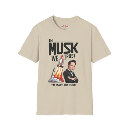 In Musk We Trust Graphic Funny T-Shirt – Unisex Softstyle Tee for Space & Tech Enthusiasts