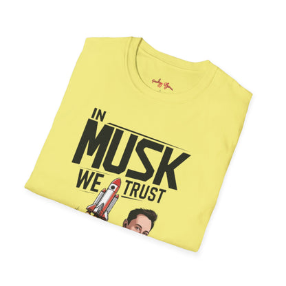 In Musk We Trust Graphic Funny T-Shirt – Unisex Softstyle Tee for Space & Tech Enthusiasts