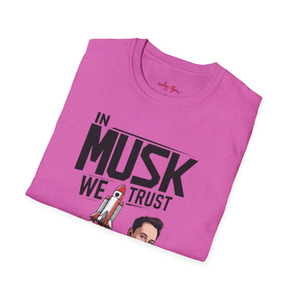 In Musk We Trust Graphic Funny T-Shirt – Unisex Softstyle Tee for Space & Tech Enthusiasts