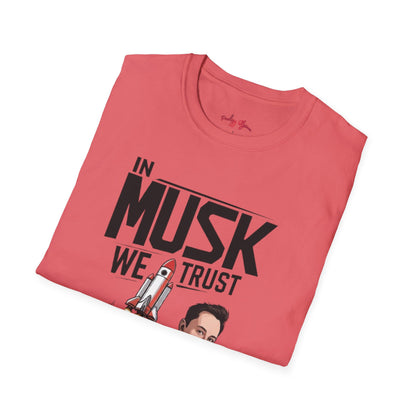 In Musk We Trust Graphic Funny T-Shirt – Unisex Softstyle Tee for Space & Tech Enthusiasts