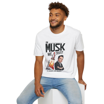 In Musk We Trust Graphic Funny T-Shirt – Unisex Softstyle Tee for Space & Tech Enthusiasts